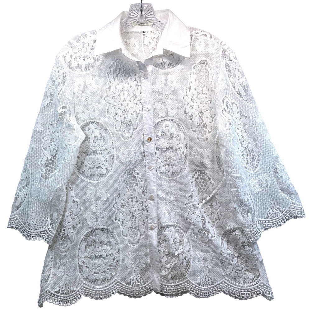 Vipavadee Womens White Floral Lace Button Down Shirt Scalloped Hem Large